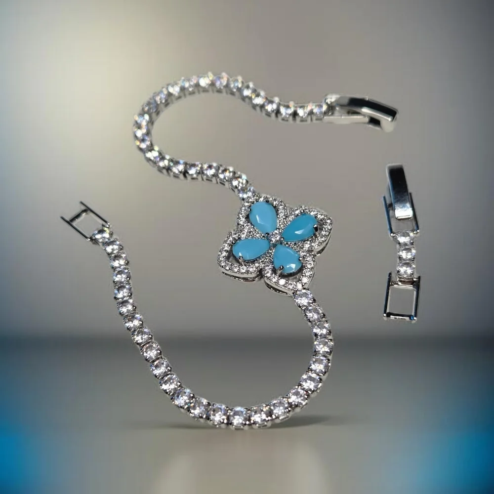 Luxury Silver Turquoise Clover Zircon Crystal Tennis Bracelet